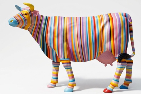 Decorative abstract cow sculpture in colorful stripes painted 216cm length