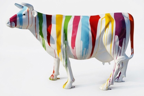 Colorful stripes painted white decorative cow figure sculpture 216cm length