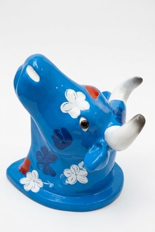 Decorative sculpture designed as gloss blue colored cow head 65cm length