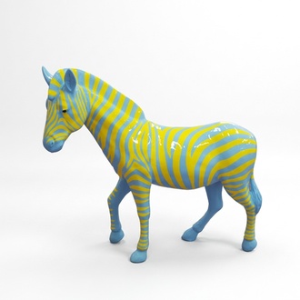 Decorative sculpture designed as a gloss zebra colored in blue yellow stripes 167x191cm