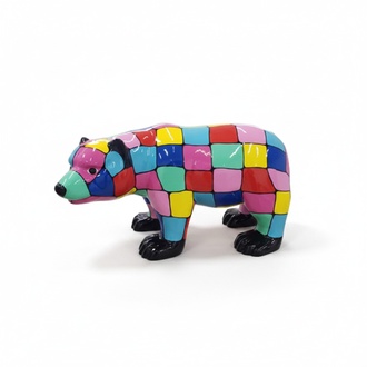 Gloss decorative sculpture designed as a standing bear cub painted in multi-colored square mosaic patterns 60x100cm