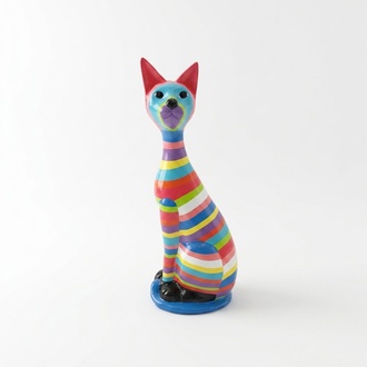 Decorative sculpture designed as a gloss sitting cat in colorful stripes 98cm