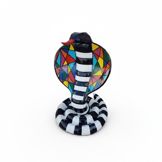 Decorative sculpture designed as a geometric cobra figure colored in white black stripes 90cm