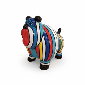 Decorative sculpture designed as a gloss cartoon dog in colorful stripes 63x75cm