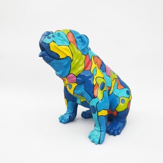 Decorative sculpture designed as a gloss sitting dog colored in blue tones of random mosaic patterns 67x70cm