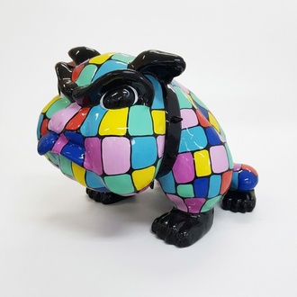 Decorative sculpture designed as a gloss sitting cartoon dog in colorful square mosaic patterns 73x130cm