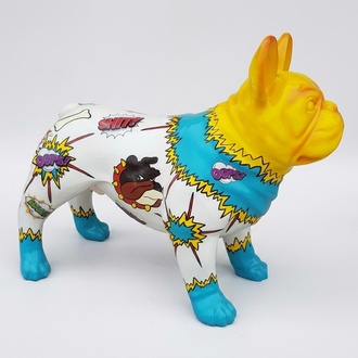 Decorative sculpture designed as a gloss standing dog in colorful comics patterns & yellow head 75x100cm