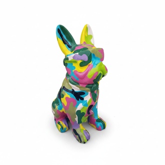 Decorative sculpture designed as a sitting dog in multi-colored camouflage suit with glasses 80cm