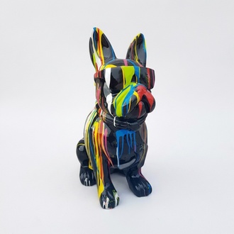 Decorative sculpture designed as a gloss sitting black dog in colorful stripes with glasses 80cm
