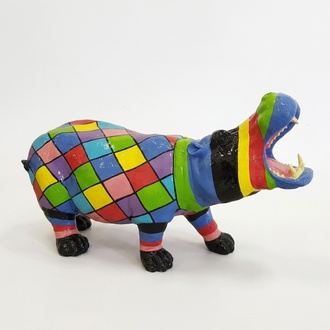 Decorative sculpture designed as a gloss shouting hippopotamus in colorful rhombuses patterns 60x120cm