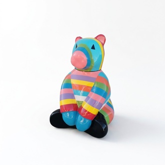 Decorative sculpture designed as a gloss sitting teddy bear in light colorful stripes 85x116 cm