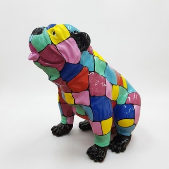 Decorative sculpture designed as a gloss sitting dog colored in square mosaic patterns 67x70cm
