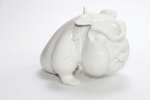 Decorative sculpture designed as full white colored gloss funny angry dog figure 23cm height