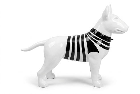 Decorative figure of full gloss white colored bull terrier sculpture in black stripes