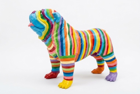 Design colorful gloss pug figure with stripes for garden decorative sculpture 74cm