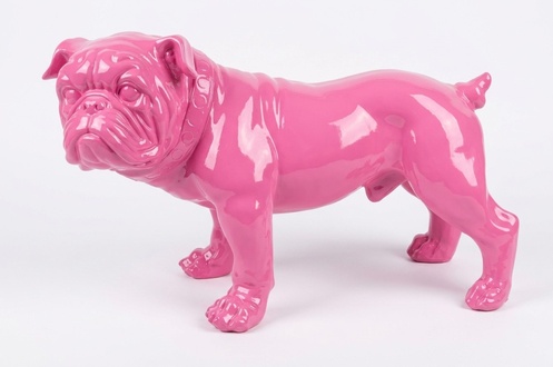 Full pink colored decorative garden sculpture designed as gloss pug dog figure c718r