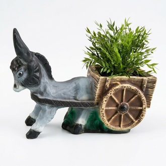Decorative sculpture designed as dark grey foal with carriage for plants 32cm height