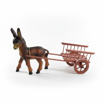 Decorative sculpture designed as brown colored foal with simple wooden carriage figure 80x135cm