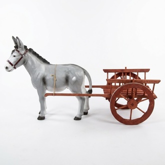 Decorative sculpture designed as a dunkey with wooden carriage figure 180cm length