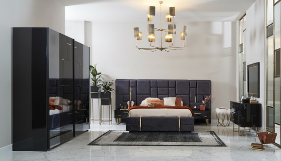Design double bed bed frame luxury bedroom wooden set 6 pieces black