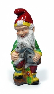 Decor garden figure designed as a sitting colorful dwarf holding a rabbit 76cm