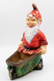Colorful decor figure designed as a dwarf carrying a wooden wheelbarrow 80cm