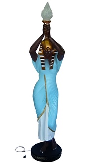 Antique egyptian woman in a blue with torch figure decorative lamp sculpture 188cm