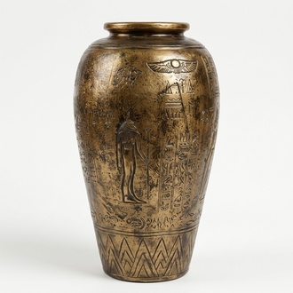 Ancient egyptian deco figure of a golden colored vase with hieroglyphs 64cm