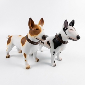 Motley white colored decorative garden sculpture designed as a matte bull terrier 85x116cm