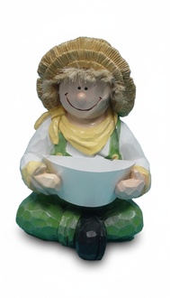 Deco flower vase designed as a happy boy sitting with a bowl dressed in a green pants 41cm