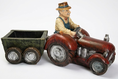 Decorative sculpture designed as gardener on a traktor with a trailer 55x109cm B270