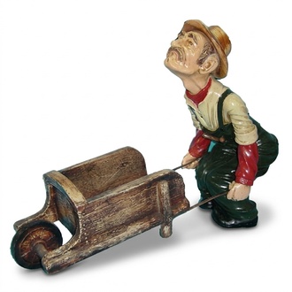 Hard working gardener carrying his wooden wheelbarrow decor figure 57x80cm B268