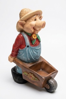 An old pig decorative garden sculpture with an wheelbarrow 80x62cm C218
