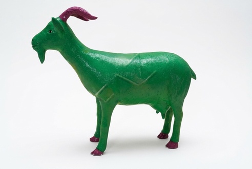Full green colored goat figure with chamomile pictures decorative garden sculpture