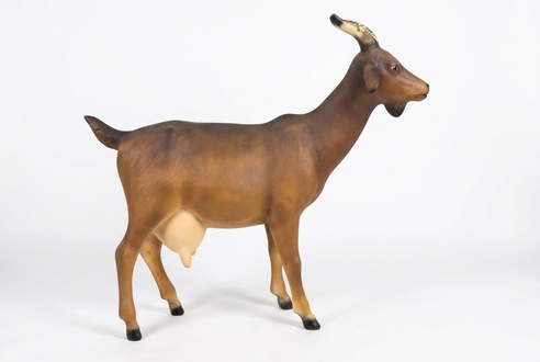 Decorative garden sculpture designed as motley brown colored standing goat 110x122x32cm