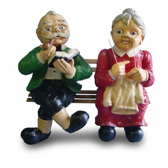 Decor figure designed as two adult couples on a wooden bench in colorful green pink dresses 67cm