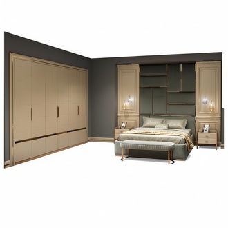 Design Group Bedroom Double Bed Bedside Tables Set 6 Pieces Beige