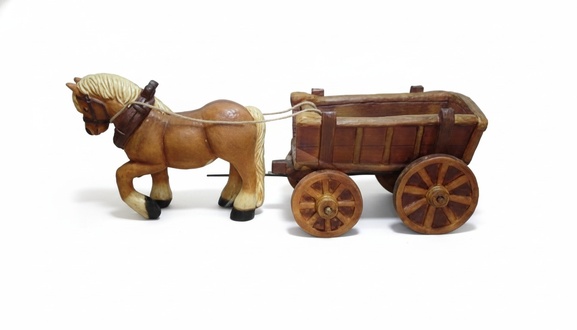Decorative sculpture designed as brown colored pony with a carriage