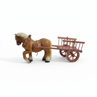 Decorative sculpture designed as light brown colored blond pony with simple wooden carriage figure 53x125cm