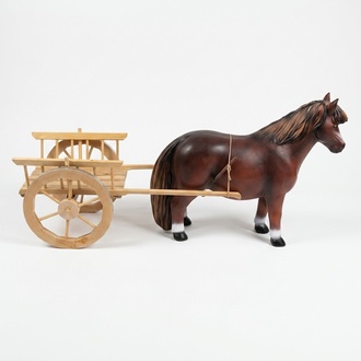 Decorative sculpture designed as a horse with wooden carriage figure 200cm length