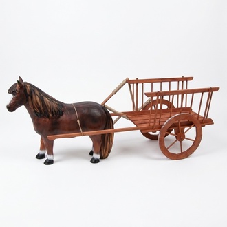 Decorative sculpture designed as a horse with wooden carriage figure 240cm length