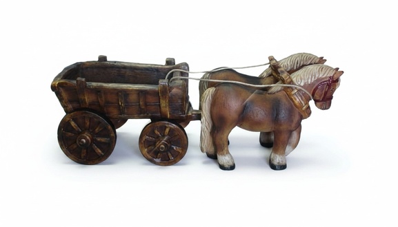 Decorative sculpture designed as brown colored horses with carriage 52x144cm