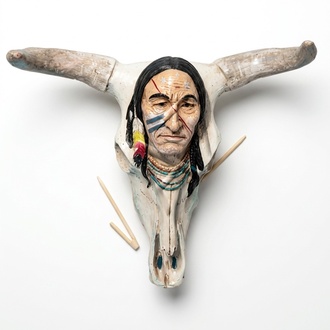 Wall decor figure designed as a white bull skull head with red indian picture 55cm