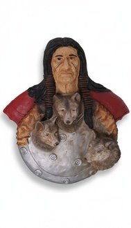 Red indian wall figure with a shield & wolves in an original colors 55x47cm