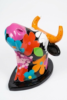 Decorative sculpture designed as gloss black cow head with colorful flowers 75cm height