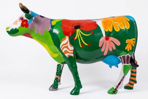 Colorful green cow figure decorative sculpture with flowers 216cm length Abstract 6