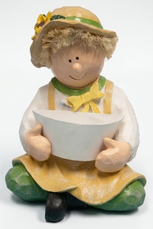 Deco flower vase designed as a looking down boy sitting with a bowl dressed in a green pants 41cm