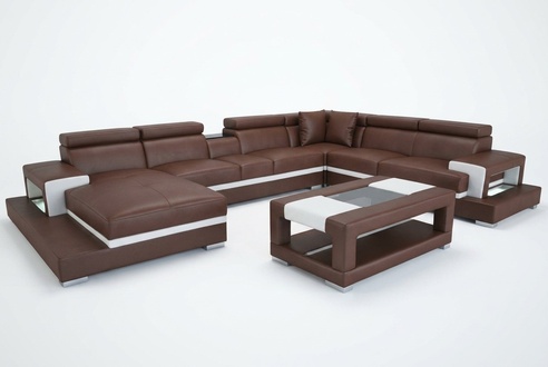 Design Leather Upholstery Seat Room Living Sofa Corner Couch Designer Set +Table
