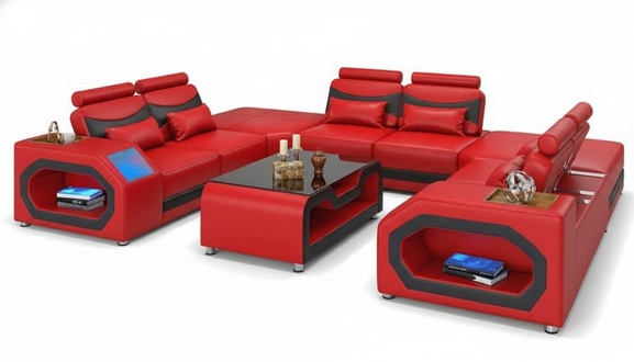 Design living area large sofa XXL U shape corner sofa leather sofa red LED