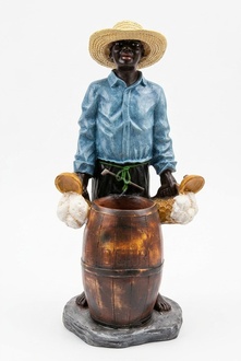 Decorative sculpture designed as standing boy with beers & wooden barrel 100cm B188